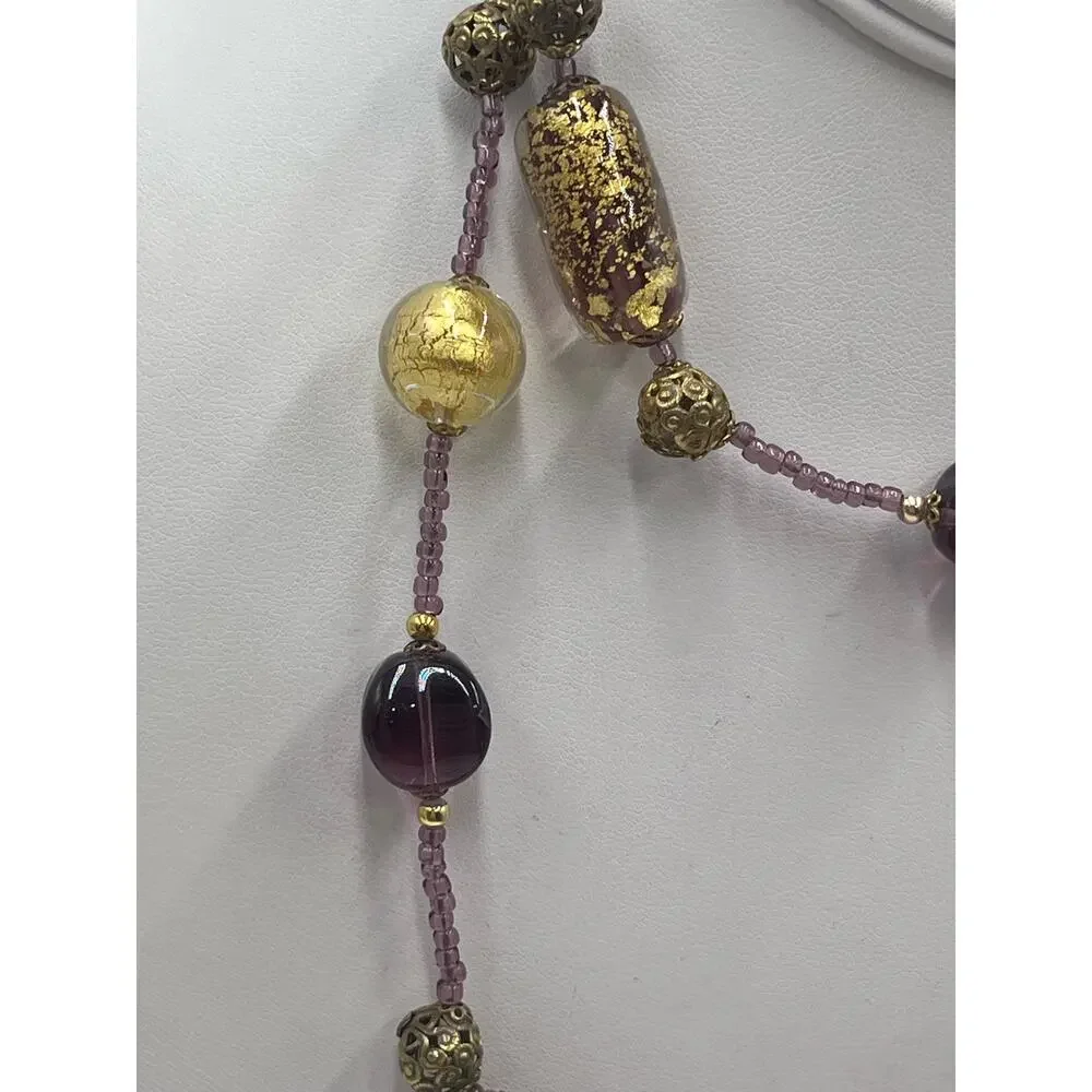 Purple Gold Foil Leaf Beaded Murano Vintage Glass Bead Embossed Brass Necklace‎